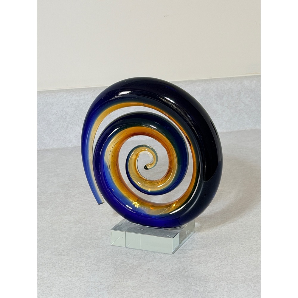 Art Glass Spiral Sculpture Cobalt Blue Amber Swirl Crystal Base Decor murano